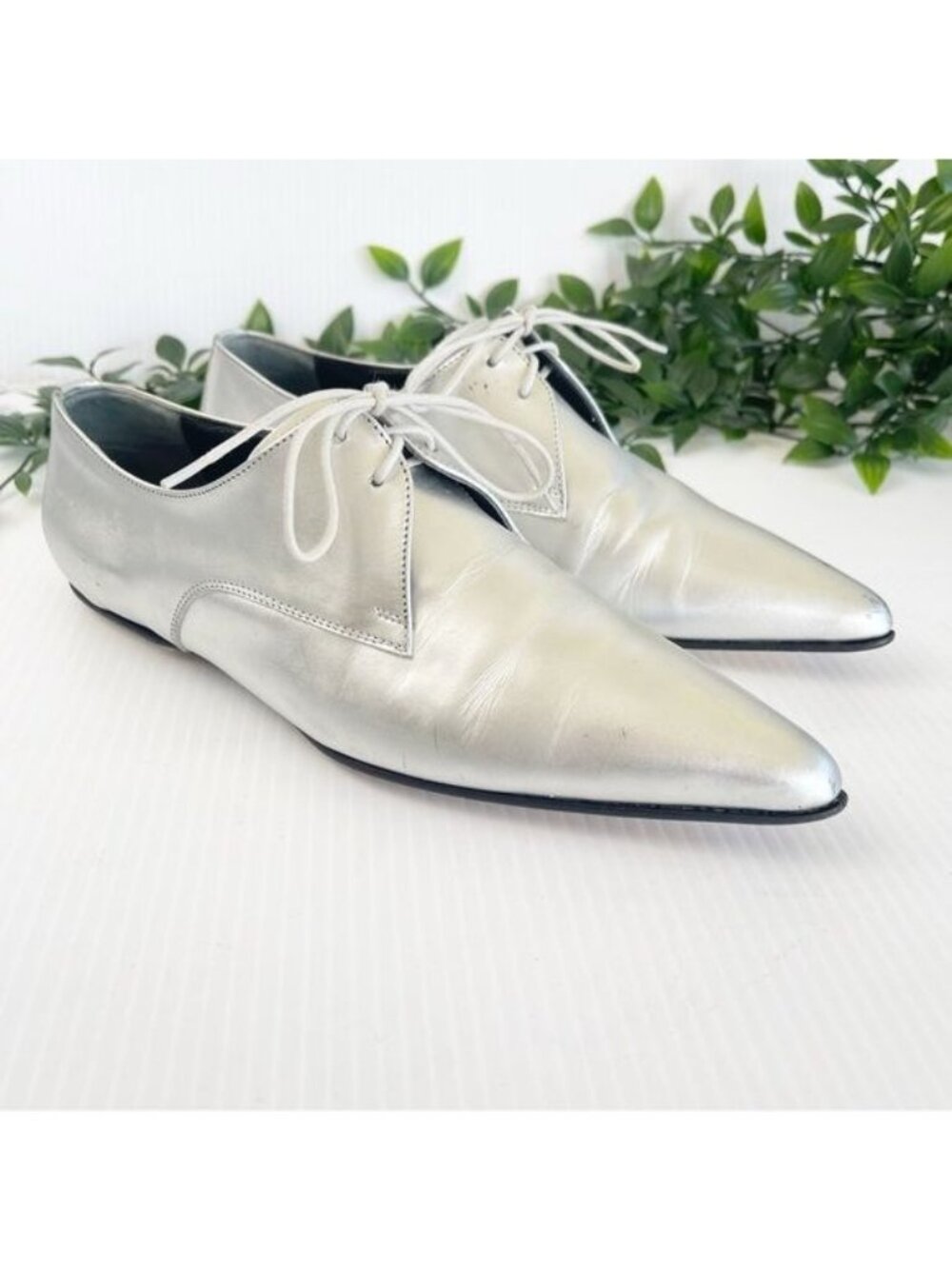 Jil Sanders silver leather lace up pointy toe flats 6